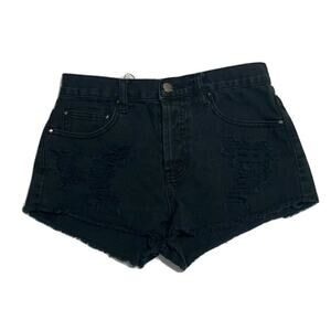 Forever 21 Denim Jean Shorts Size 27 Womens Black Stretch Mid Rise Distressed